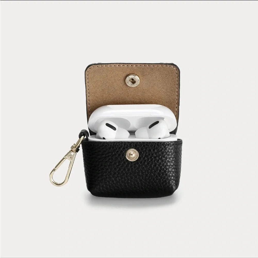Bandolier Avery Leather AirPod clip on pouch with Gold Hardware black leather